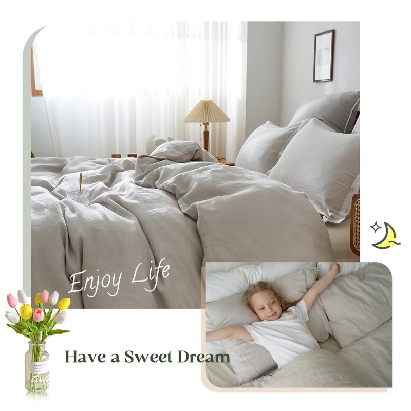Simple&Opulence 100% Linen Duvet Cover Set, 3 PCS Natural French Flax Light Grey Duvet Cover Queen Size, Breathable Soft Comfy Linen Bedding Comforter Cover with 2 Pillowcases(Light Grey, 88" x 92") - Image 5